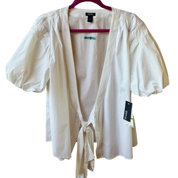 Kenneth Cole Reaction White Top Tie Sash Puffy Sleeve Womens 14 NEW - Picture 5 of 14